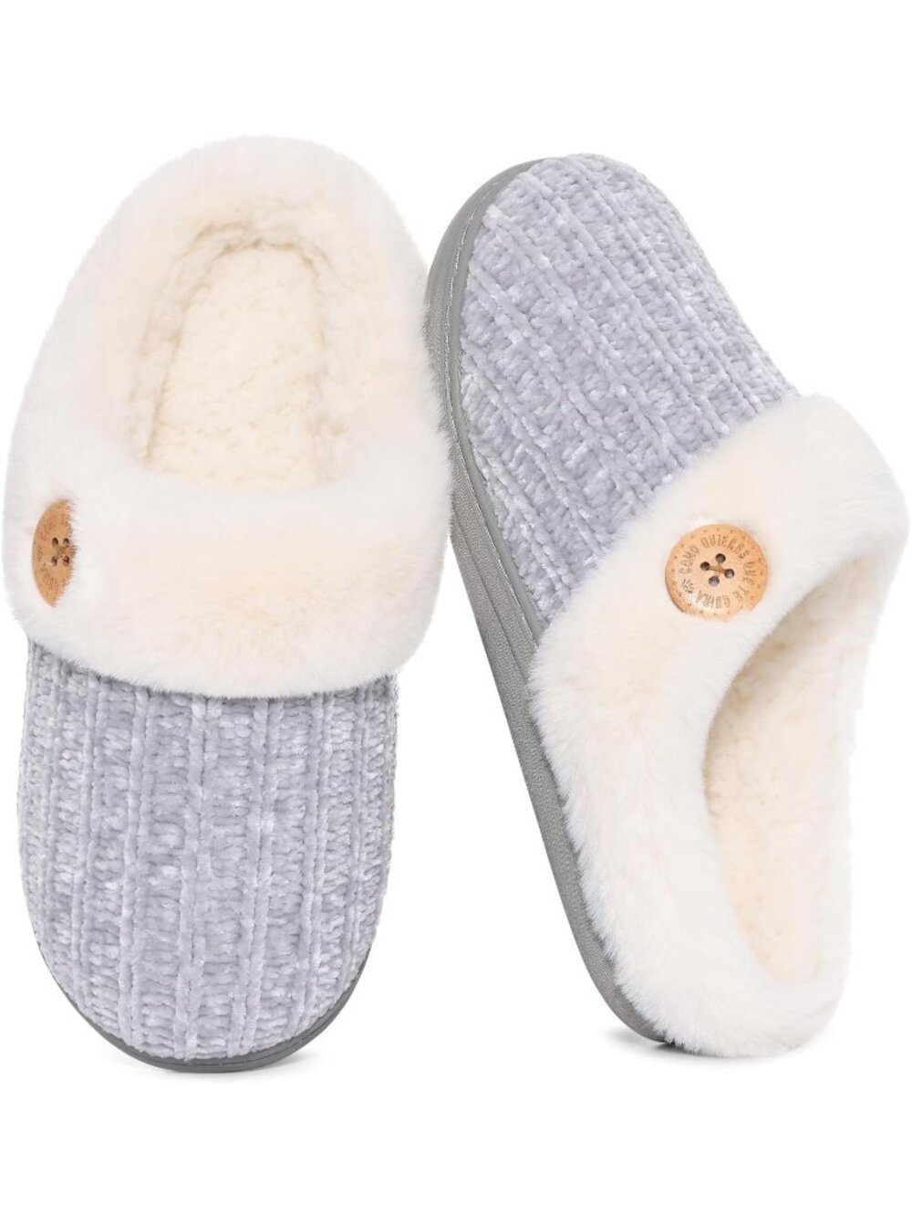 Women's Buttoned Grey Comfy Wool Like Lined Closed Toe Warm Knit Slipper Shoes